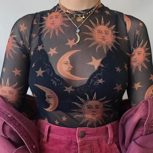 Top transparent avec motif soleil et lune